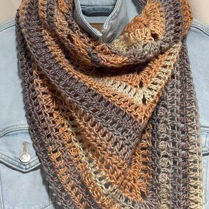 Handmade Triangle Shaped Scarf/Shawl Shades of Brown, Gold Grey, Cream
